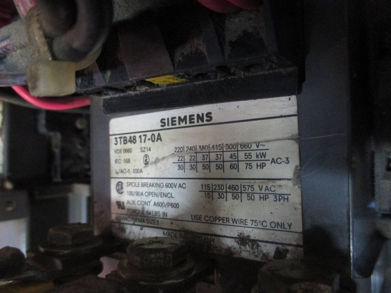 Siemens Model 95 Size 3 Voltage Starter 75 HP 100A Breaker 30
